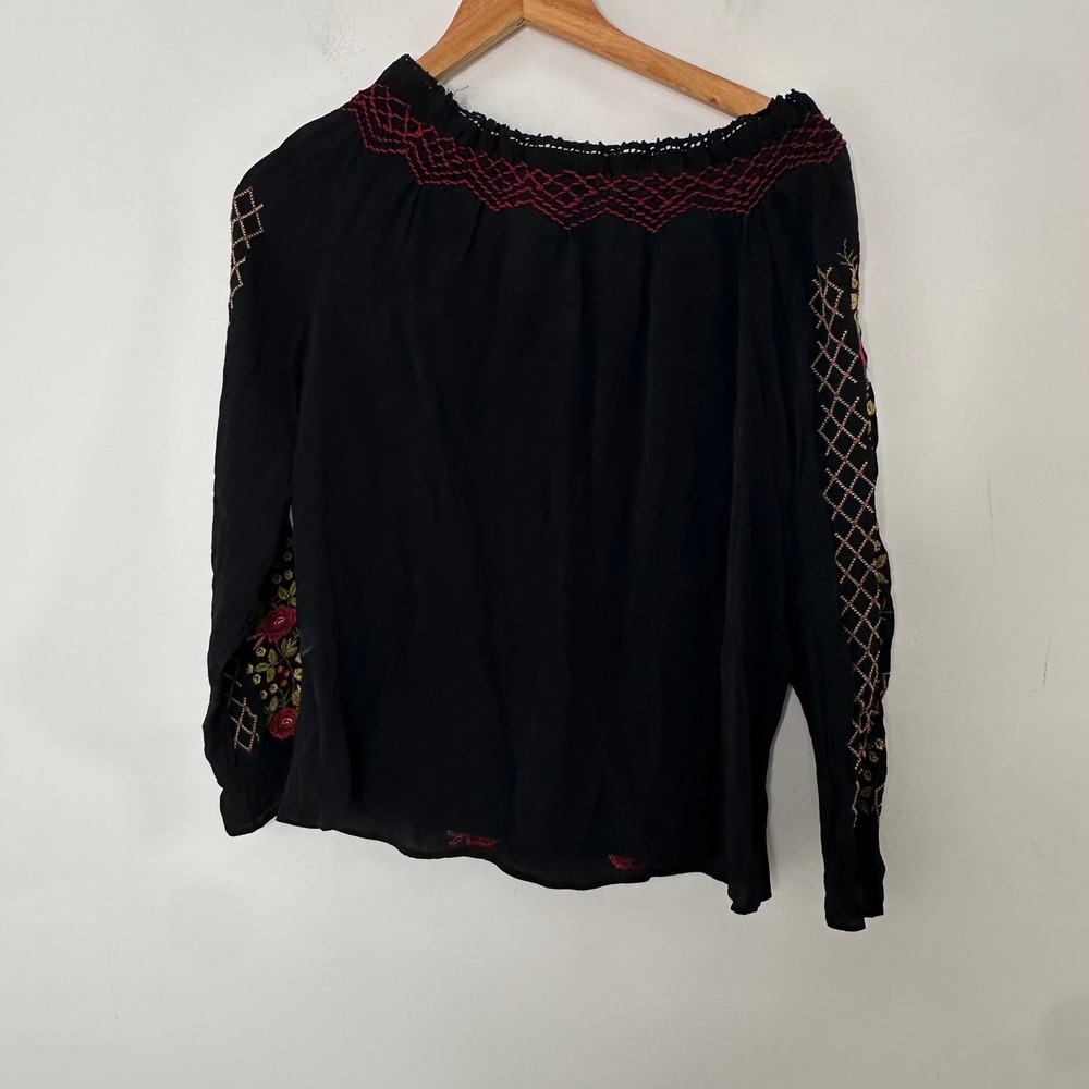 J Jill Black Embroidered Floral V Neck Tassel Long Sleeve Petite Blouse Top‎ S - Picture 9 of 10